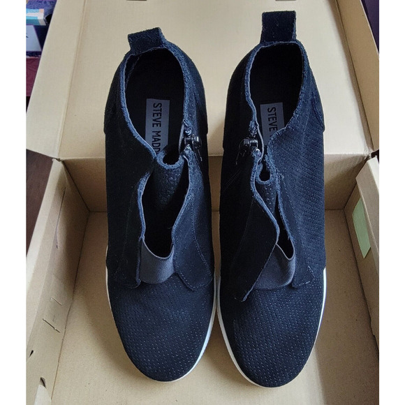 Steve Madden Wedge Sneaker Side Zipper Black Suede Women's Size 7 - Picture 5 of 7